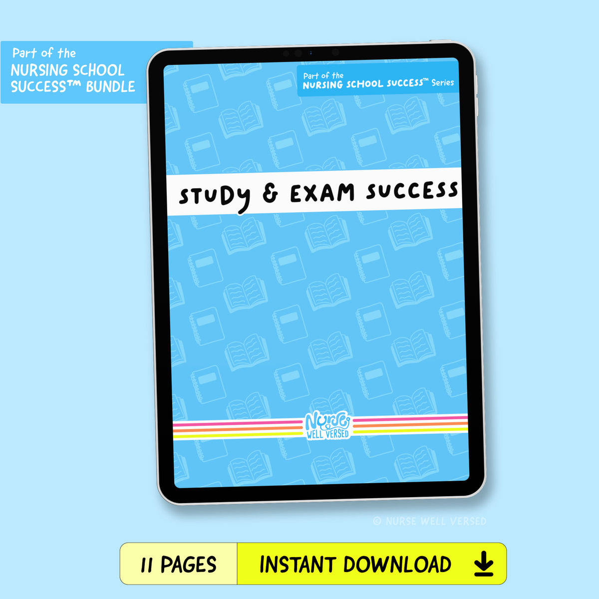 Study & Exam Success Guide e-book cover on a tablet, 11 pages, instant download