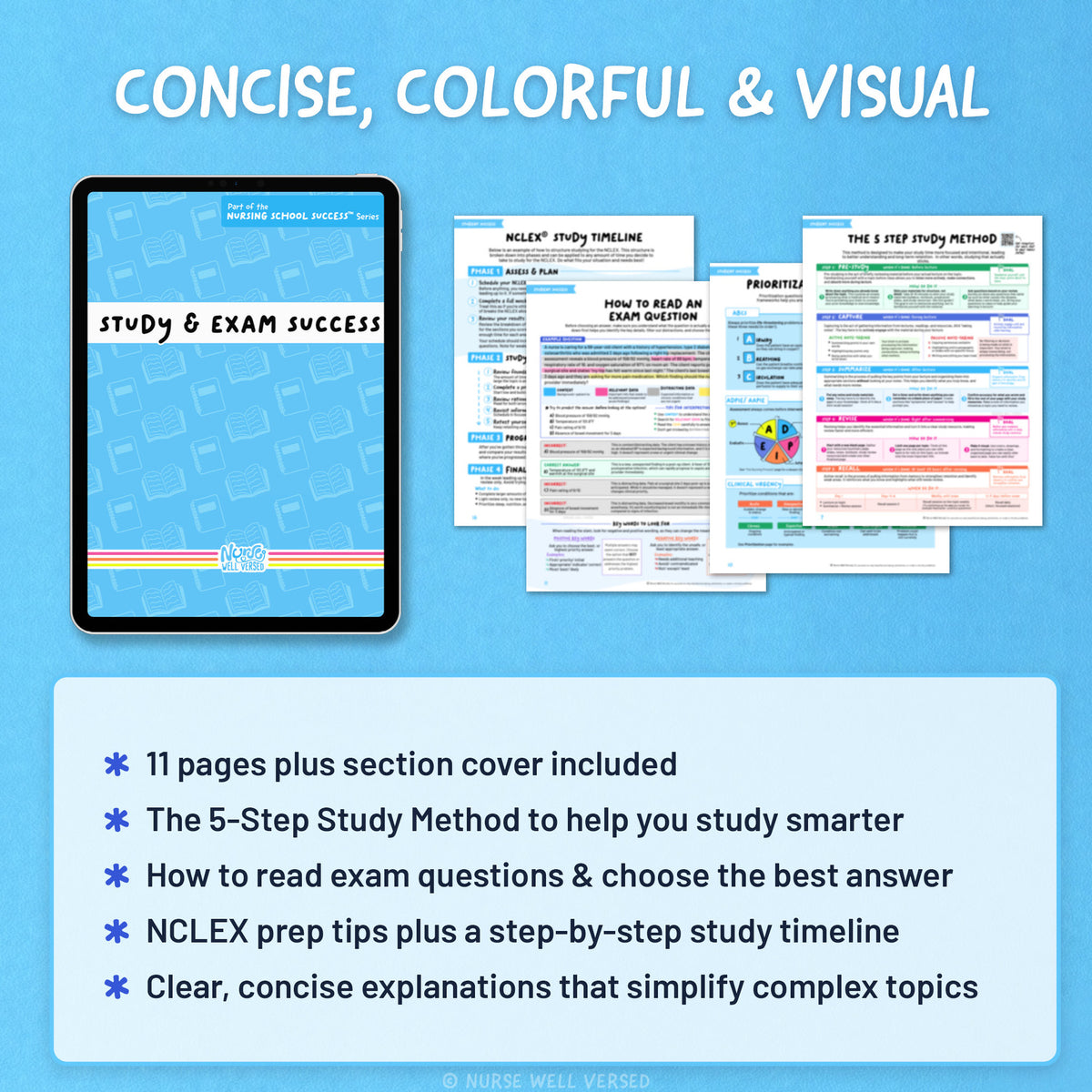 Study & Exam Success Guide cover on a tablet with sample pages, 11 pages plus section cover