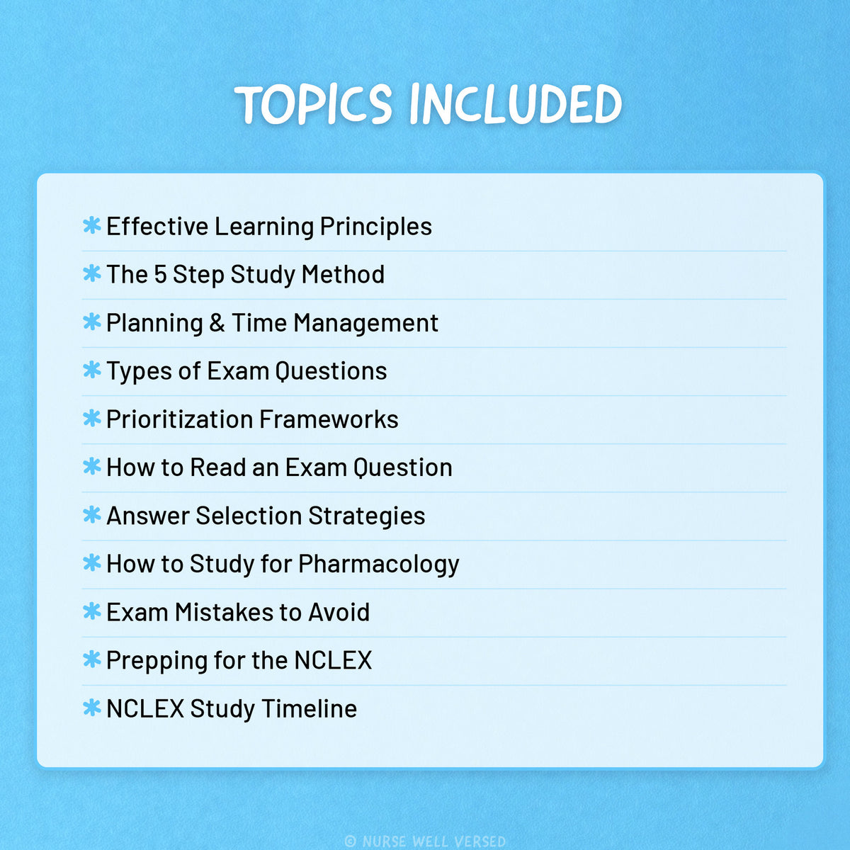 List of topics included in the Study & Exam Success Guide